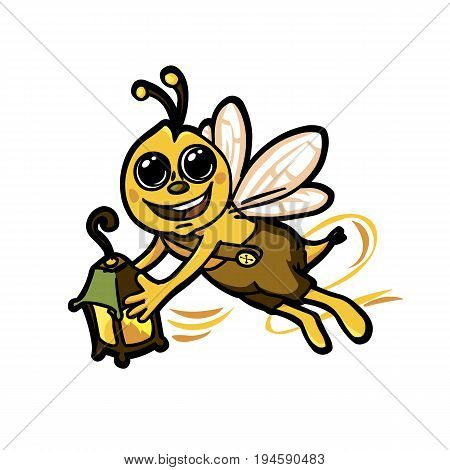Yellow cartoon bee holding a medieval lamp