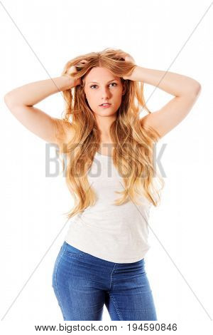 Beautiful young woman with gorgeous hairstyle.