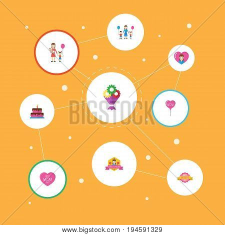 Happy Mother's Day Flat Icon Layout Design With Heart, Best Mother Ever And Flower Symbols. Lovely Mom Beautiful Feminine Design For Social, Web And Print.