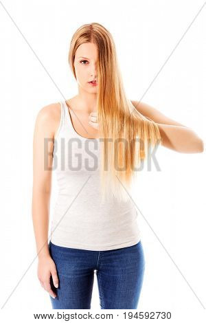Blond hair. Beautiful woman with straight long hair.