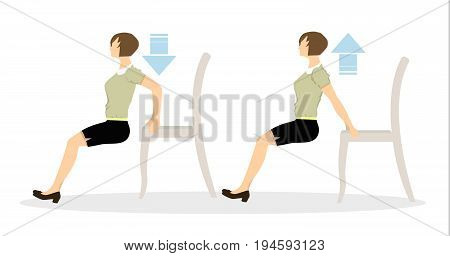 Sport exercises for office. Office yoga for tired employees with chair. Push-ups backwards.