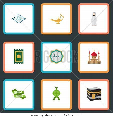 Flat Icons Decorative, Mecca, Prayer Carpet And Other Vector Elements. Set Of Holiday Flat Icons Symbols Also Includes Prayer, Kareem, Building Objects.