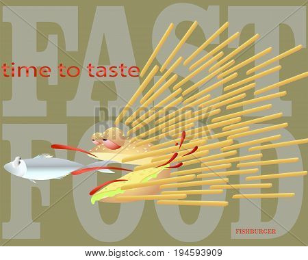 Bun catches fish for a fishburger / fast food / vector