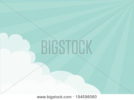 Fluffy Cloud in corners frame template. Blue sky. Sun light rays burst. Sunshine. Cloudshape. Cloudy weather. Flat design. Background. Isolated Vector illustration