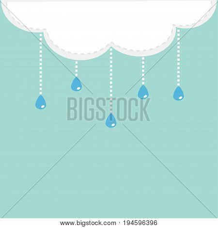 White cloud with hanging shining rain drops. Template. Dash line hanging water shape. Blue background. Isolated. Flat design. Vector illustration