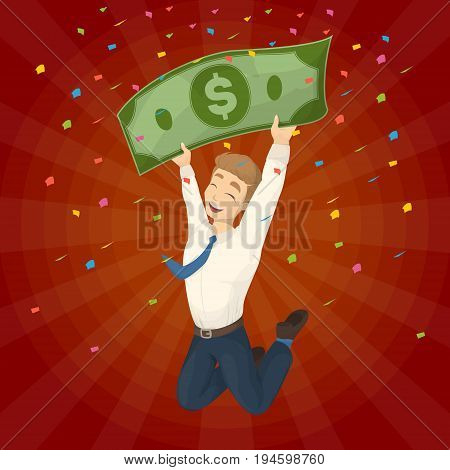 Winning the lottery. Man with big dollar banknote. Happy jumping man.