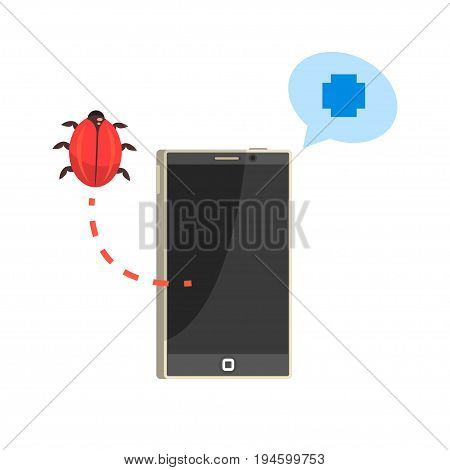 Smatphone and red bug, cybersecurity cartoon vector Illustration isolated on a white background
