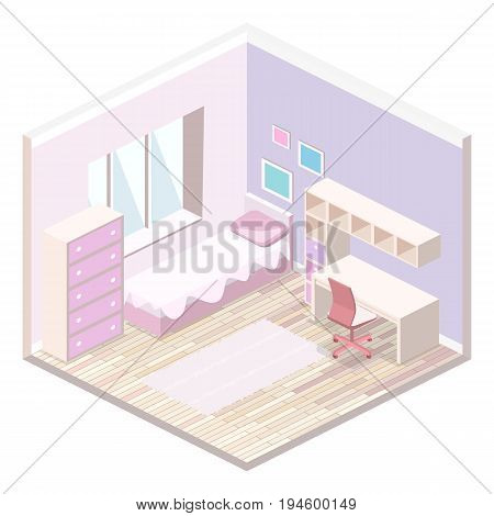 Isometric Flat 3D Isolated Interior Girls All Pink Bedroom Interior.
