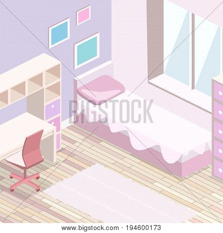 Isometric Flat 3D Isolated Interior Girls All Pink Bedroom Interior.