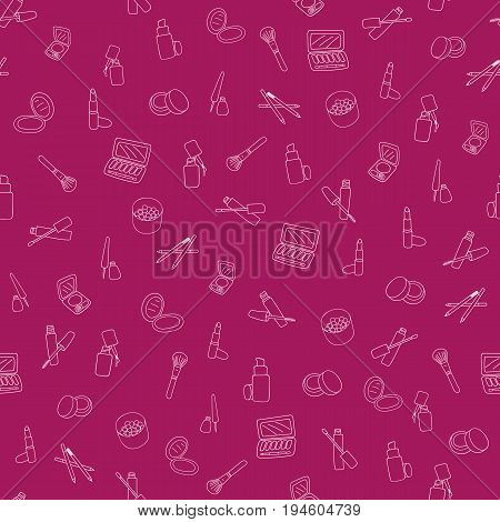 Makeup cosmetic hand drawn scetch seamless pattern, white and burgundy. Vector