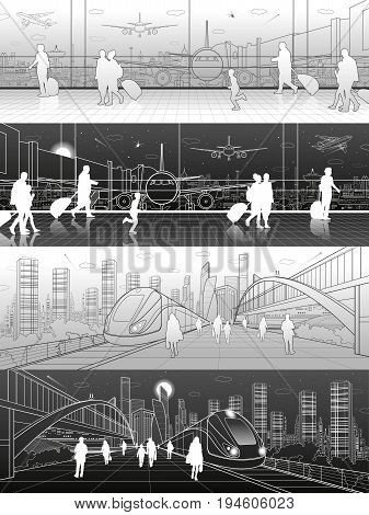 Transport set. Aviation and railway illustration. Airport terminal, aircraft on runway, people expect flight. Train rides, passengers waiting on station, modern city, urban skyline, vector design art