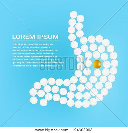 Human Stomach With Medicines Isolated On A Background Realistic Vector Illustration. Medical concept created by pills.