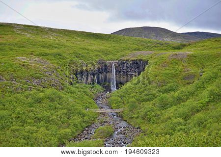 Famous Icelandic Svartifoss waterfall in the basalt (whinstone) canyon placed in Vatnajökull National Park in the eastern Iceland