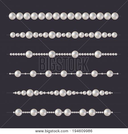 Pearl Beads Set. Glamour Borders on Dark Background. Vector illustration