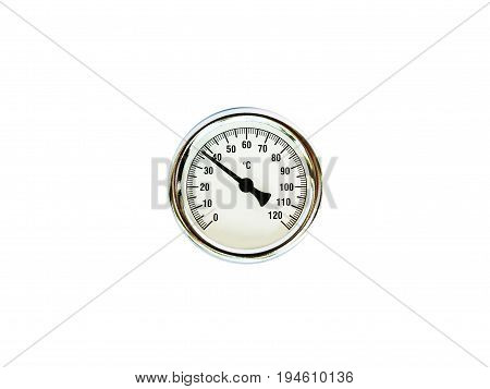 Round analog thermometer for temperature measurement. n a white background, front view.