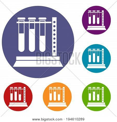 Medical test tubes in holder icons set in flat circle reb, blue and green color for web