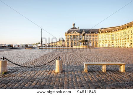 View on the famous La Bourse square with fountain during the morning in Bordeaux city, France