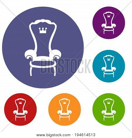 King throne chair icons set in flat circle reb, blue and green color for web