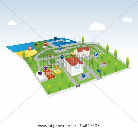 Isometric map. Illustration of a areas used for recreation.