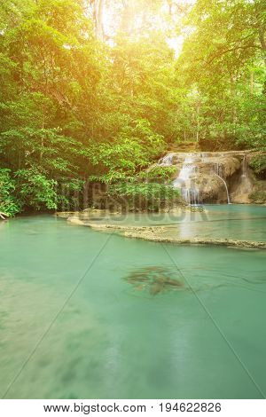 Level 1 Of Erawan Waterfall With Neolissochilus Stracheyi Fish In Kanchanaburi, Thailand