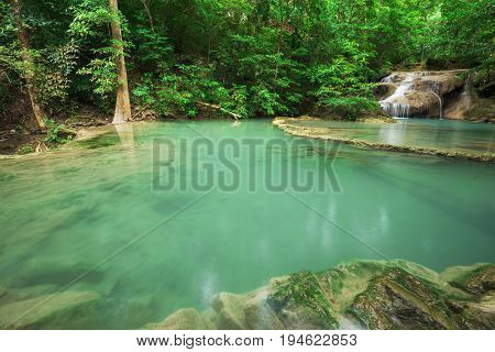 Level 1 Of Erawan Waterfall With Neolissochilus Stracheyi Fish In Kanchanaburi, Thailand