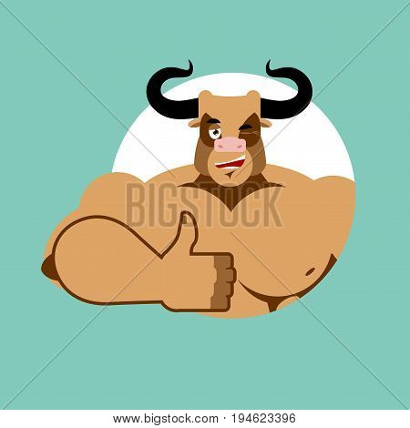 Minotaur Thumb Up Shows Well. Ancient Greek Mythical Beast. Monster With Bull Head