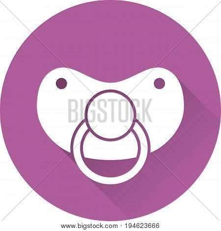 Nipple baby icon. White pacifier on purple background. Vector. Baby shower simple symbol in flat design with long shadow.