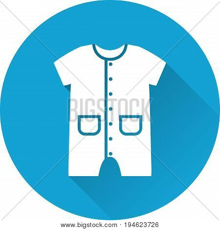 Bodysuit baby icon. Vector. White overall on blue background. Baby shower simple symbol in flat design with long shadow.