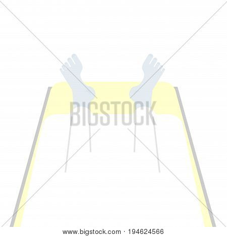 Corpse in morgue. man is under sheet. Dead man top view