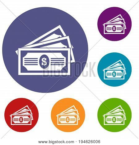 Three dollar bills icons set in flat circle reb, blue and green color for web