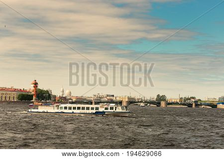 St. Petersburg, Russia - June 28, 2017: Panoramic View Of The Neva River Embankment In St. Petersbur
