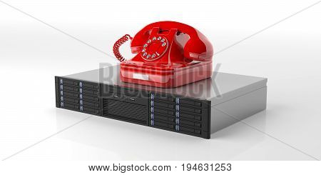 Computer Server Storage Unit And A Retro Telephone On White Background. 3D Illustration