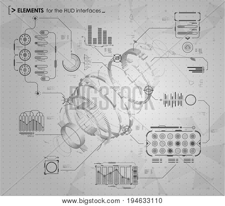 black and white infographic elements. HUD UI for business app. Futuristic user interface. Abstract virtual graphic touch user interface.