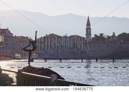 BUDVA MONTENEGRO - JUNE 27 2017: Dancer from Budva - sculpture of Gradimir Alexic - practically a visiting card of the Budva