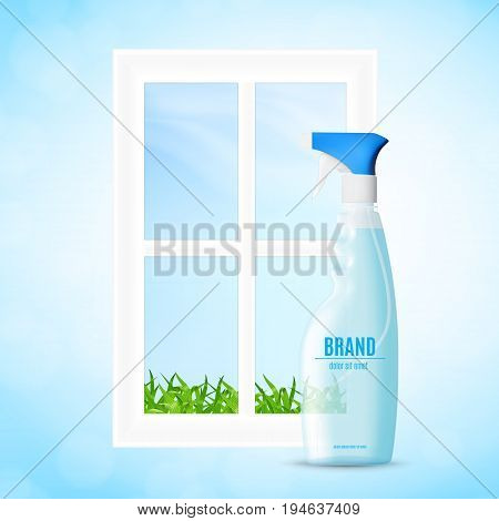 Bottle of the liquid for washing window. Window cleaning concept. 3d illustration. EPS10 vector