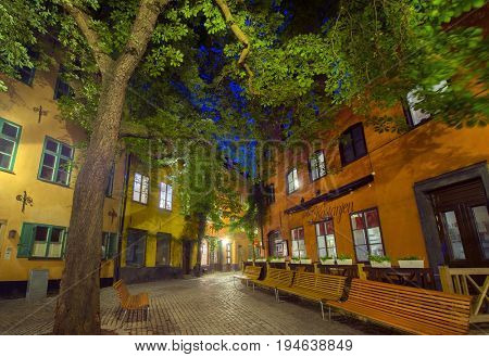 STOCKHOLM, SWEDEN 2017-07-04: Branda Tomten at night, in old town, Stockholm 