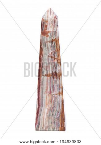 Polished multicolor carved onyx obelisk isolated on white background