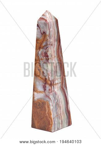 Polished multicolor carved onyx obelisk isolated on white background