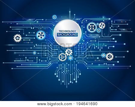 Hi-tech computer technology. Abstract circuit concept on the blue color background. Communication modern illustration with various technological elements.