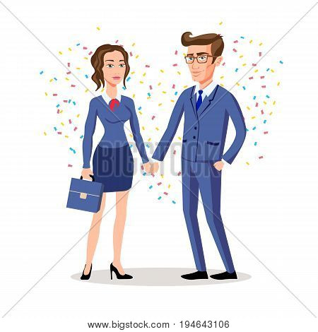 Business Man And Woman Shaking Hands, Business Concetual Vector Illustration. Love Heart