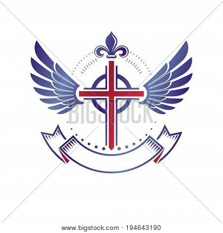 Cross of Christianity Religion emblem composed with bird wings and royal Lily flower. Heraldic Coat of Arms decorative logo isolated vector illustration. Guardian angel.