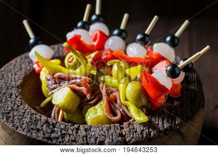 Closeup Of Banderillas With Fresh Ingredients For Spanish Corrida