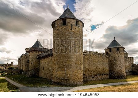 Image of wall and towers in Carcassonne fortified town in France.