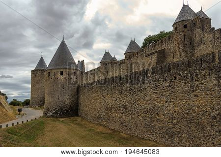 Image of wall and towers in Carcassonne fortified town in France.