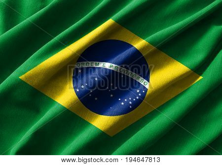 Brazil flag painting on high detail of wave cotton fabrics . 3D illustration .