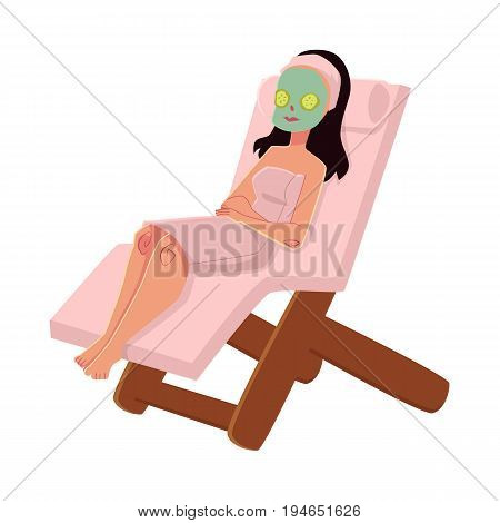 Woman getting facial mask in spa salon, half lying in lounge chair, wrapped in towel, cartoon vector illustration on white background. Woman getting facial mask in spa, stress relieving procedure