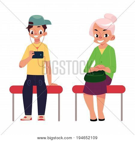 Two antipode subway passengers - plump woman, housewife and young man, student, cartoon vector illustration isolated on white background. Diverse passengers standing in subway, fat woman and young man