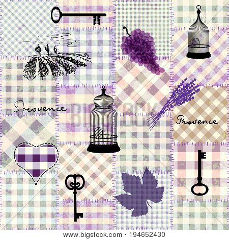 Seamless background pattern. Imitation of a vantage collage with a Provence lettering.