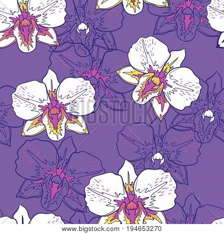 Seamless floral pattern white orchids on violet background