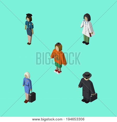 Isometric People Set Of Hostess, Detective, Lady And Other Vector Objects. Also Includes Lady, Policewoman, Stewardess Elements.